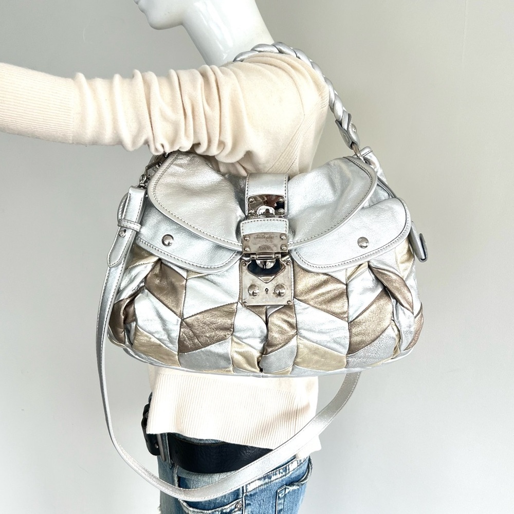 ♦️SOLD♦️MIU MIU Coffer Metallic Silver Gold Bronze Leather Patchwork Shoulder - Picture 2 of 16